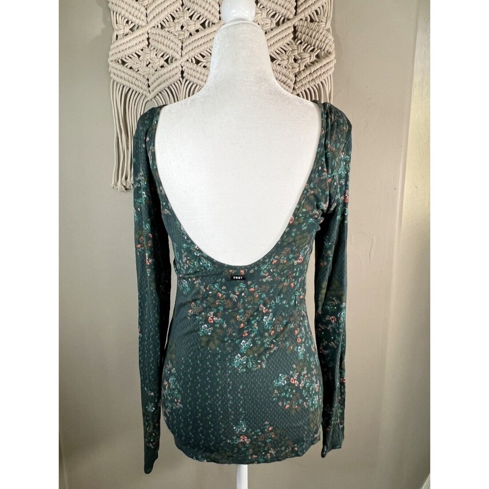 OBEY Worldwide Rare Green Women’s Large Low Back Floral Long Sleeve Shirt